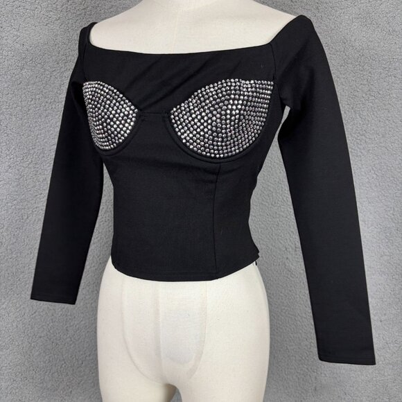 Forever 21 Women's Off-Shoulder Long Sleeve Cropped Top Rhinestone Black XS NWTs - Picture 4 of 8